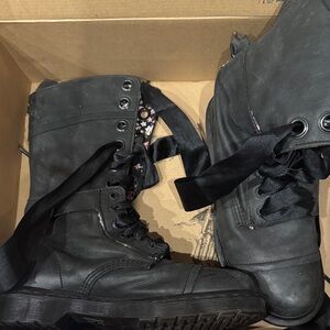 Dr martens Black Combat Boots with Floral Lining and satin laces